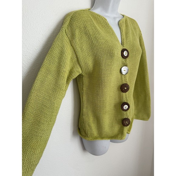 PURE Handknit Artsy Cardigan Sweater Lime Green Wood Buttons - Picture 3 of 6